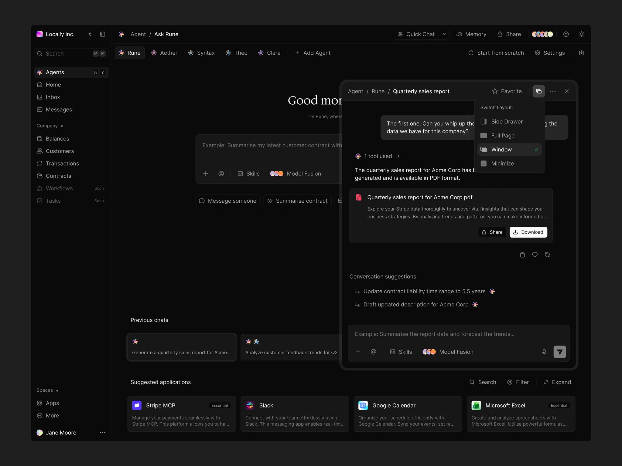 AI agent chat in a floating window with layout switcher