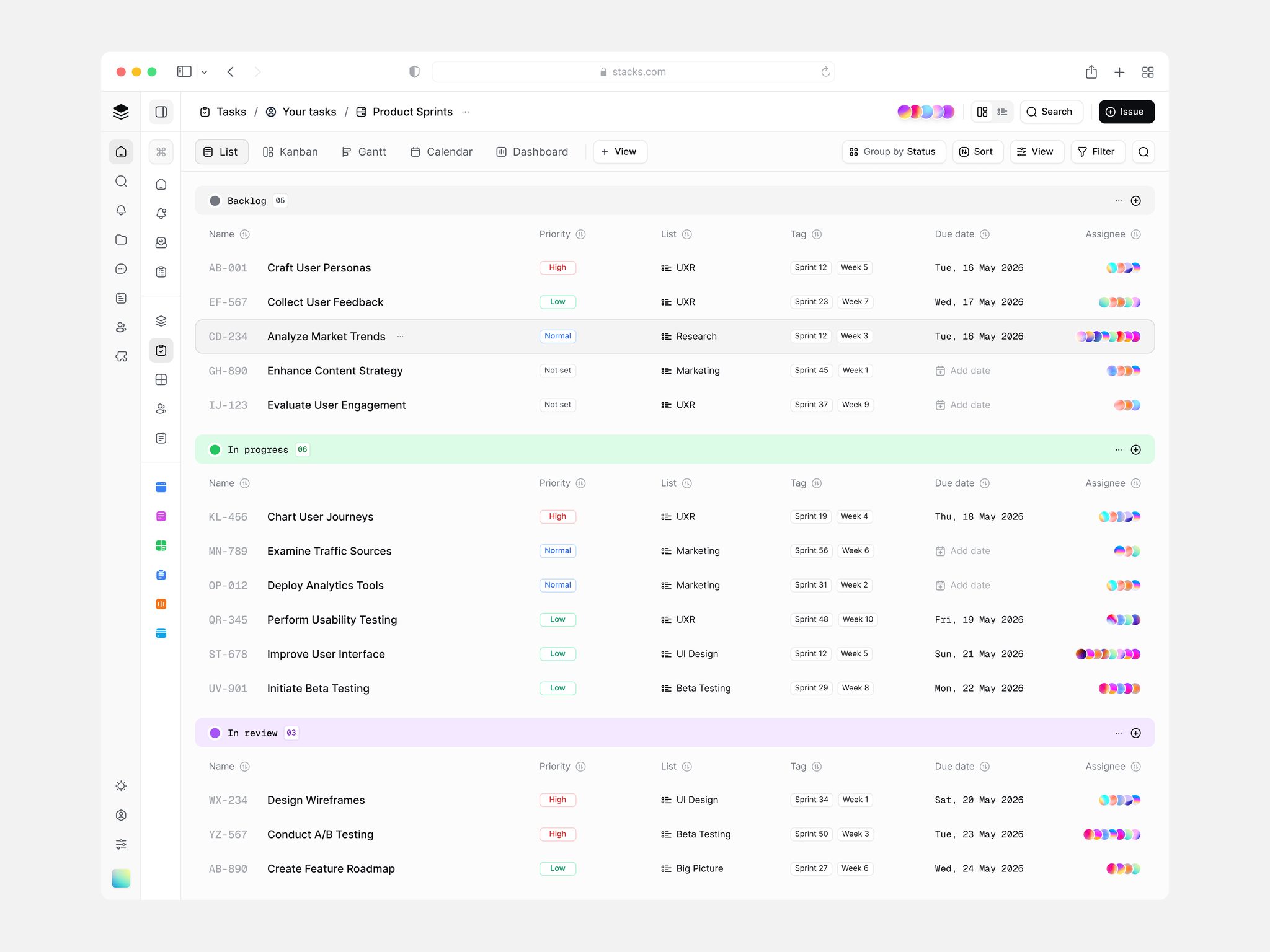 Product sprint task list grouped by status with tags