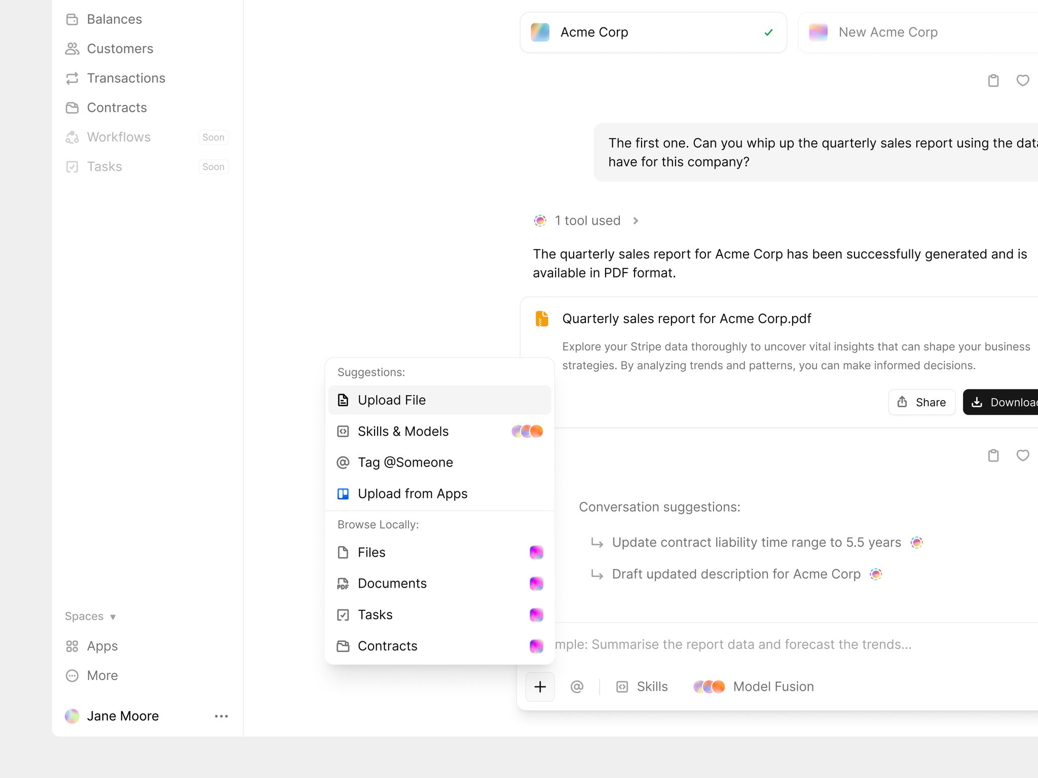 Close-up of an AI chat attachment menu with suggestions