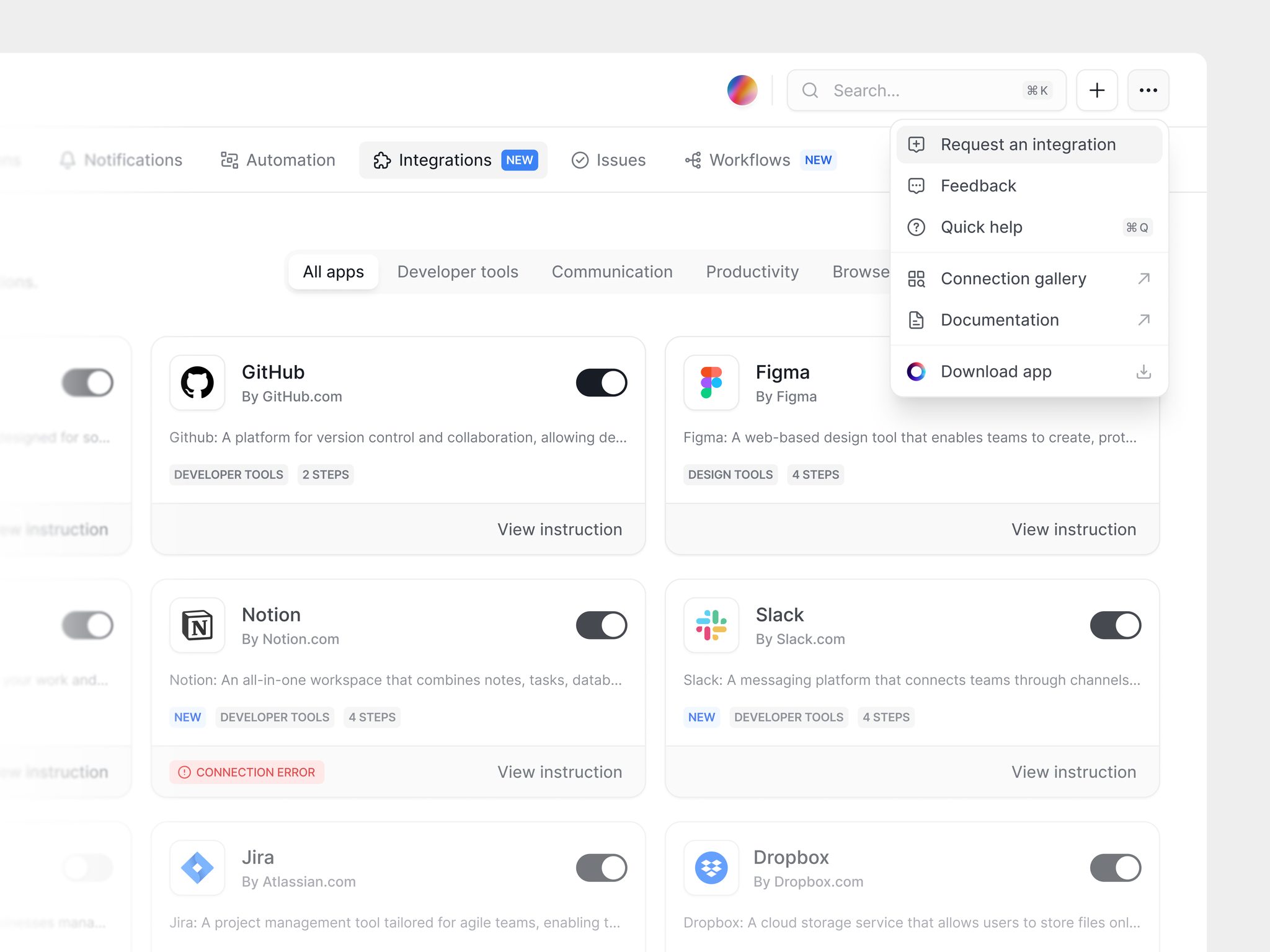 Integrations page with an options menu open